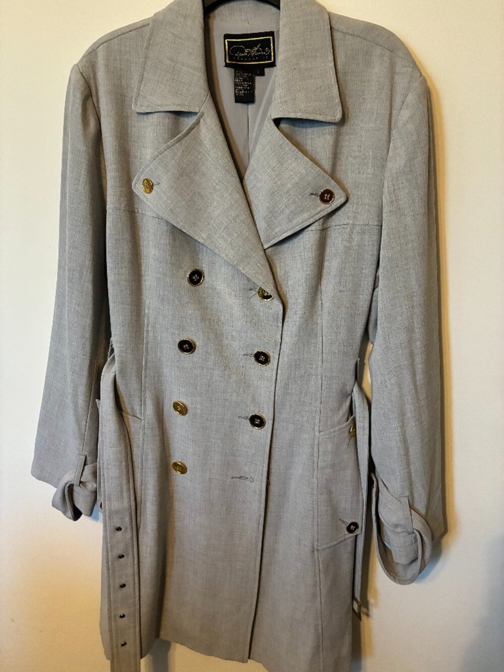 DIANE GILMAN Heather Gray w/Gold Button Double Breasted Light Trench Coat Sz L